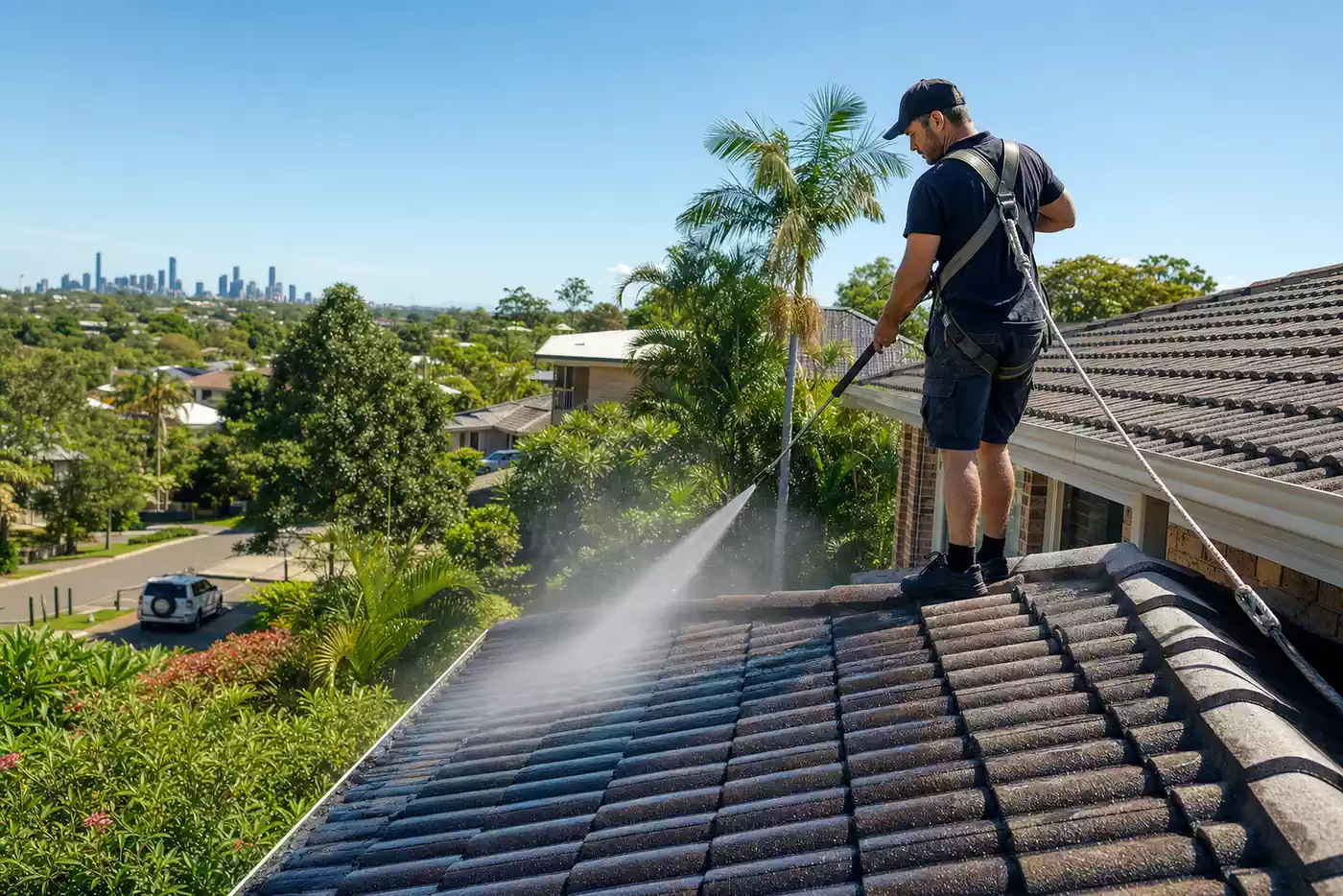 A harnessed technician soft washing a tile roof on a Brisbane home